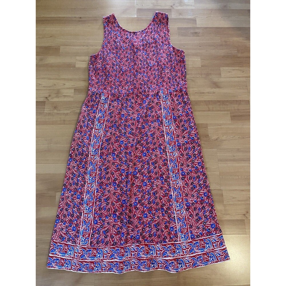 Fat Face‎ Smocked Floral Midi Dress Size 16 Sleeveless Ditzy Red Crinkle Boho